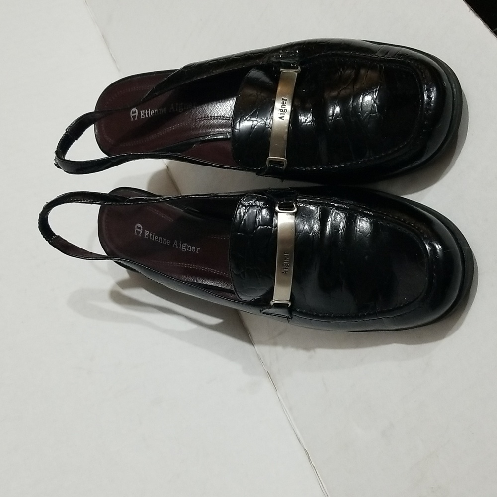 ETIENNE AIGNER Women’s Black Leather Croc Loafer Sling-backs 3" Heel Size 8.5 - Picture 2 of 11